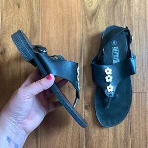 The Leather Connection Vintage black‎ thong sandals white flowers Size 8